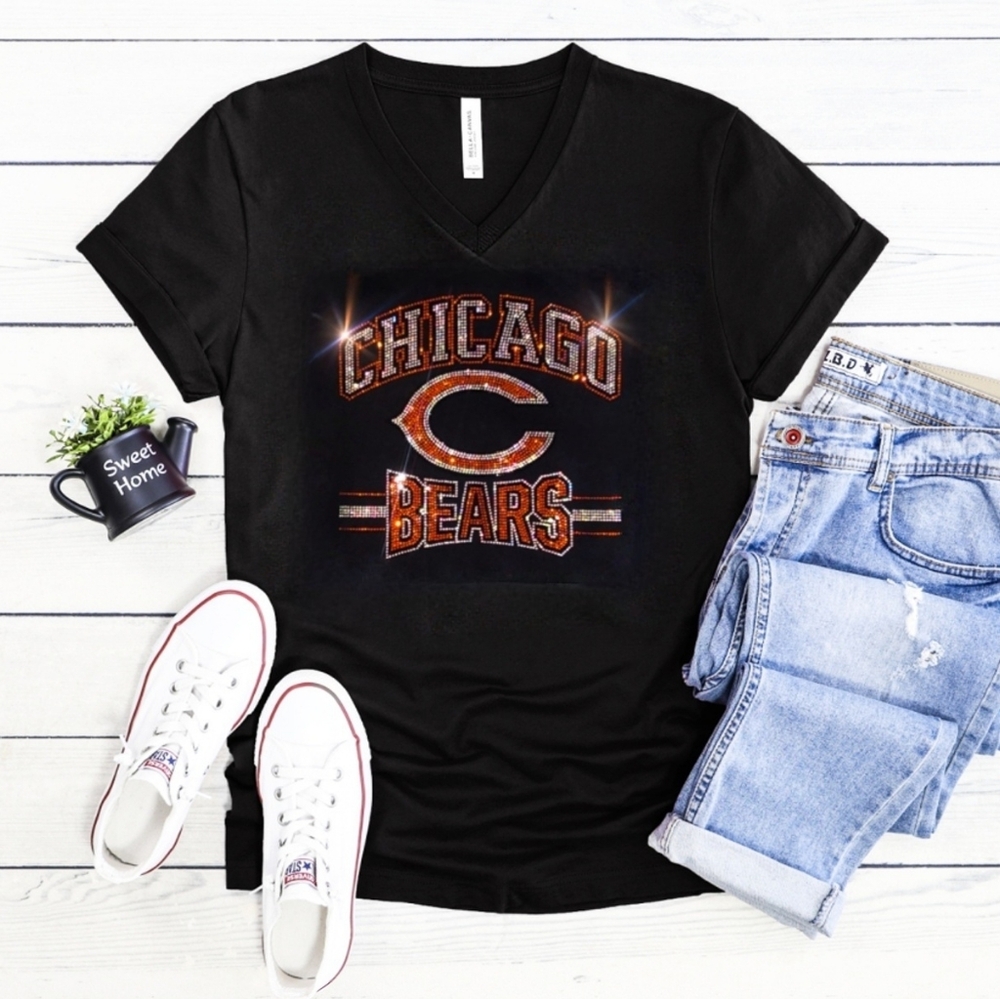 ☆SALE☆ New Unisex NAVY Chicago BEARS Rhinestone VNeck T-shirt S-3X